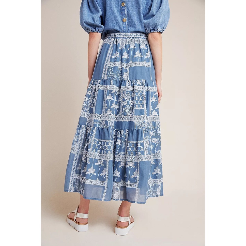 Maeve Anthropologie Ariadne Blue Embroidered Maxi Skirt  Chambray Tiered Medium - Picture 4 of 16